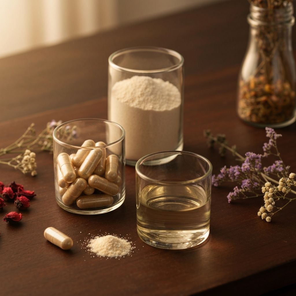 Three glass containers showing different supplement formats: capsules, powder, and liquid arranged on a wooden surface