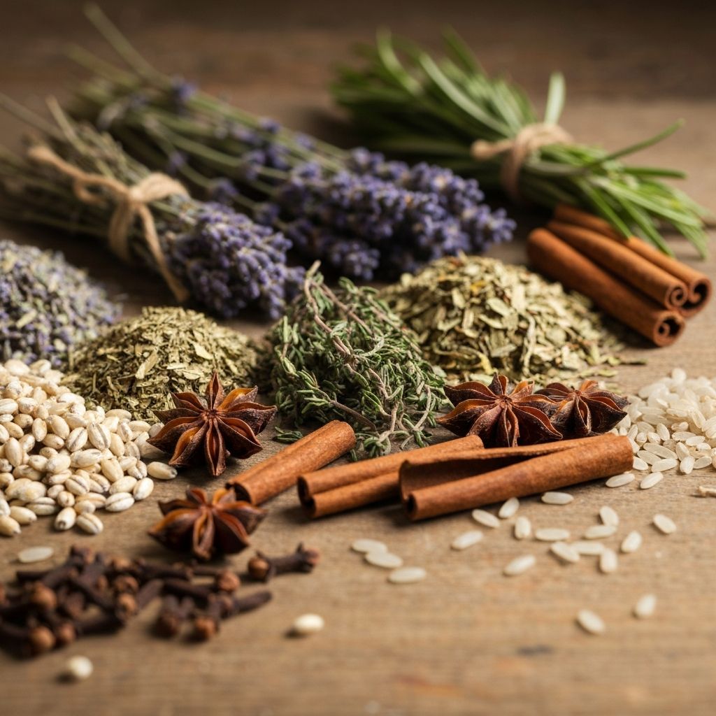 Arrangement of natural ingredients including dried herbs, botanical materials, and spices displayed on a neutral surface